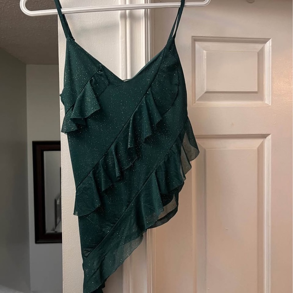 Sparkle Ruffle Asymmetric Camisole Top - Emerald Green